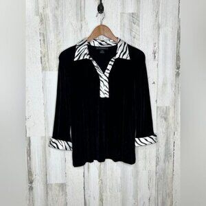 Kiara Womens Quarter Sleeve  Satin Zebra Trim Top Black White Size XL